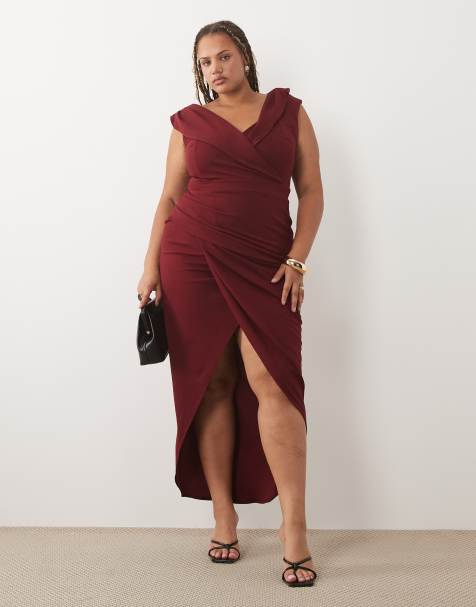 TFNC Plus - Robe longue portefeuille à encolure bardot - Bordeaux - view 1
