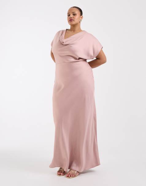 TFNC Plus - Robe longue pour demoiselle d'honneur en satin à col bénitier - Vieux rose - view 1
