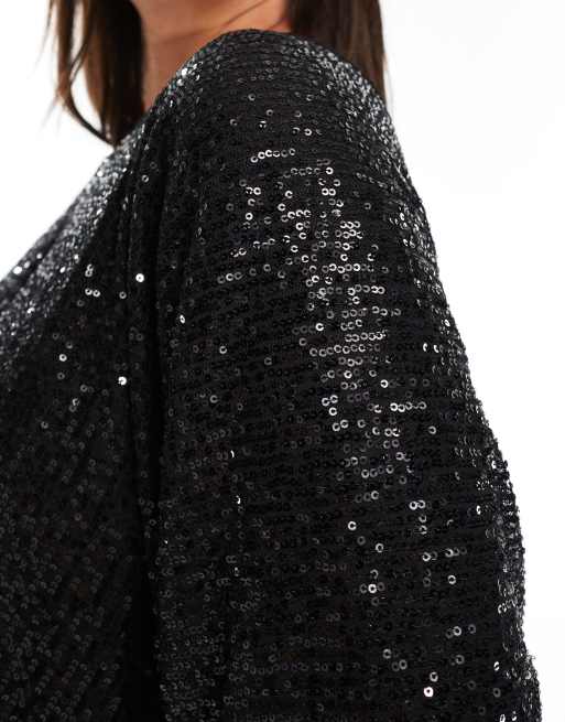 TFNC Plus - Robe longue style kimono ornée de sequins - Noir, 4 de 4