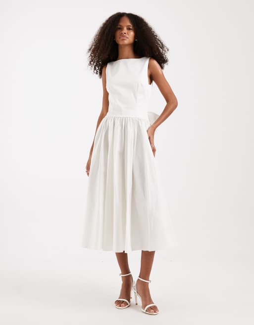 TFNC Plus - Robe mi-longue de mariée en coton avec encolure bateau et nœud dans le dos - Ivoire, 3 de 4