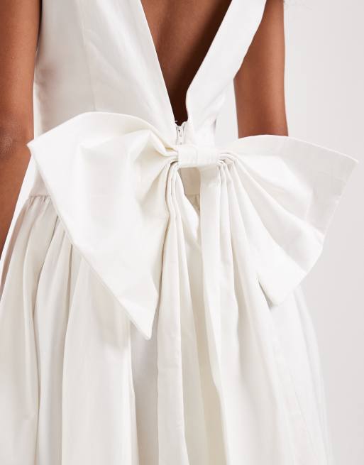 TFNC Plus - Robe mi-longue de mariée en coton avec encolure bateau et nœud dans le dos - Ivoire, 4 de 4