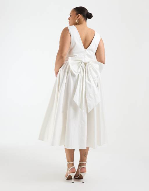 TFNC Plus - Robe mi-longue de mariée en coton avec encolure bateau et nœud dans le dos - Ivoire, 2 de 4