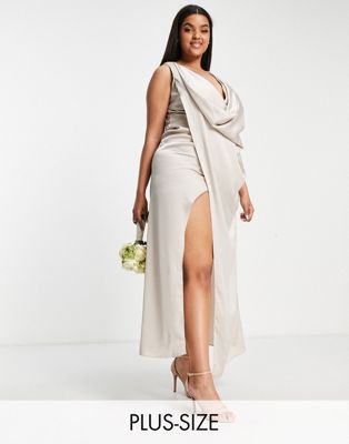 TFNC Plus Bridesmaid satin wrap maxi dress in mink - ASOS Price Checker