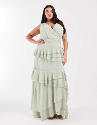 Robe portefeuille longue et volantée en mousseline pour demoiselle d'honneur - Vert sauge 50