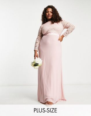 TFNC Plus s chiffon maxi dress with lace scalloped back and long sleeves in mauve  - PINK - ASOS Price Checker