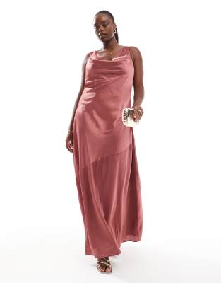 satin cowl front maxi dress in mulberry-Red