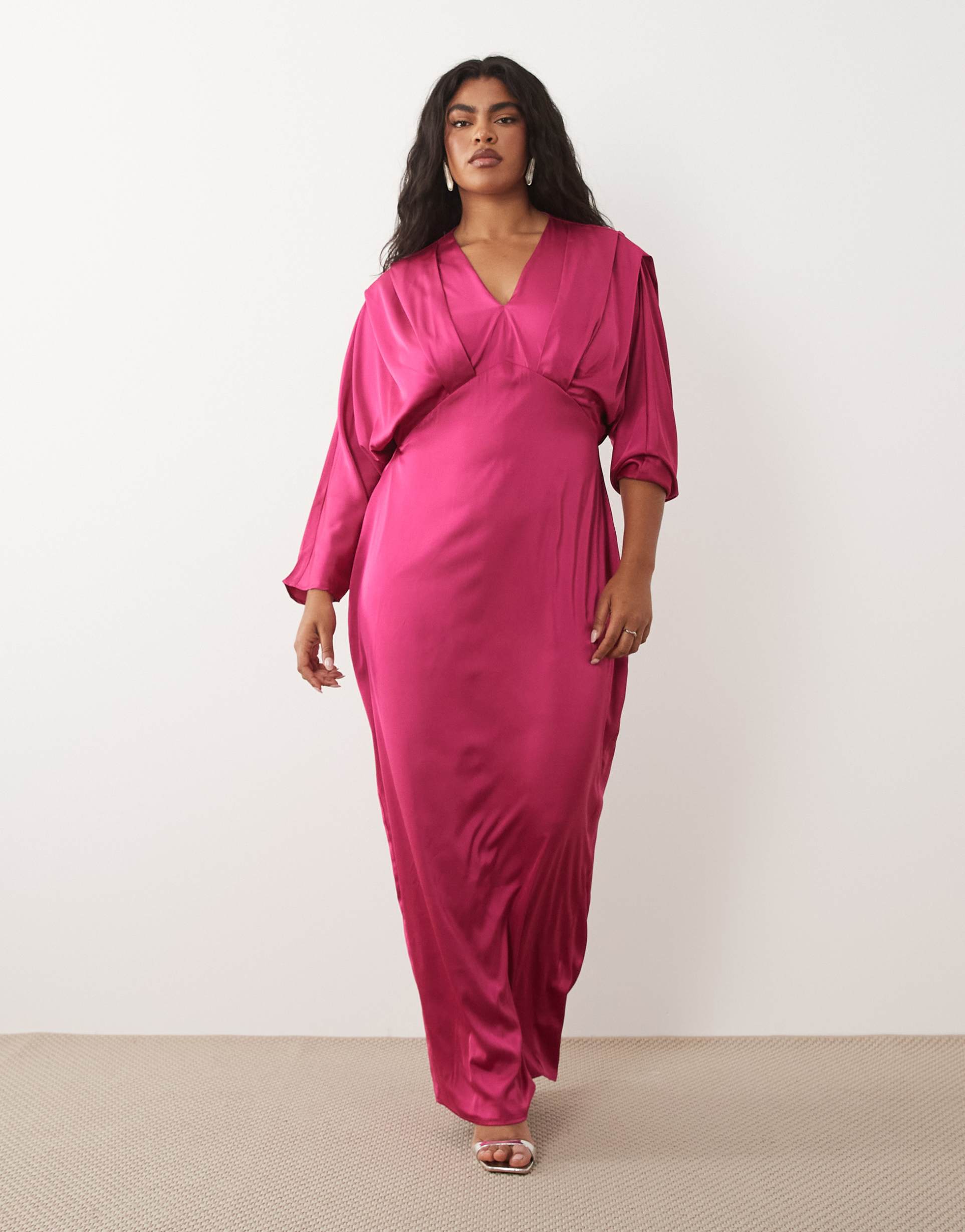 tfnc plus satin kimono sleeve maxi dress in dark pink