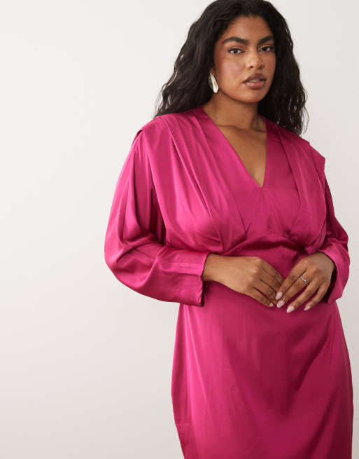TFNC Plus satin kimono sleeve maxi dress in dark pink | ASOS