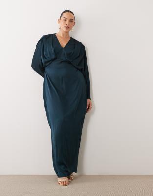 Tfnc Plus Satin Plunge Neck Kimono Sleeve Maxi Dress In Green