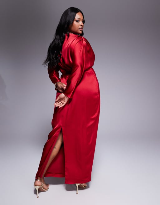 TFNC Plus satin kimono sleeve maxi dress in red