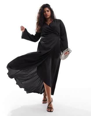 satin long sleeve wrap maxi dress in black