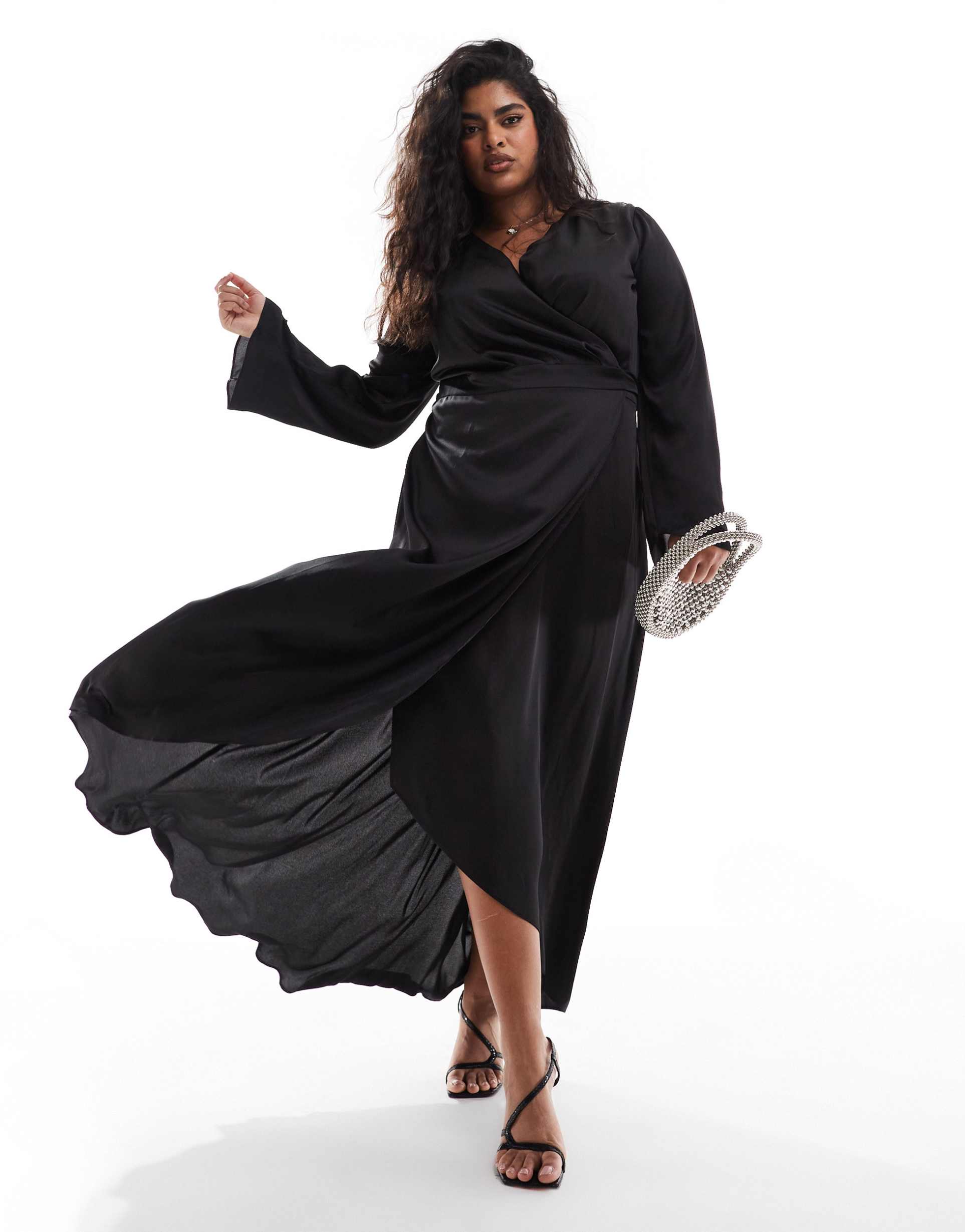 tfnc plus satin long sleeve wrap maxi dress in black