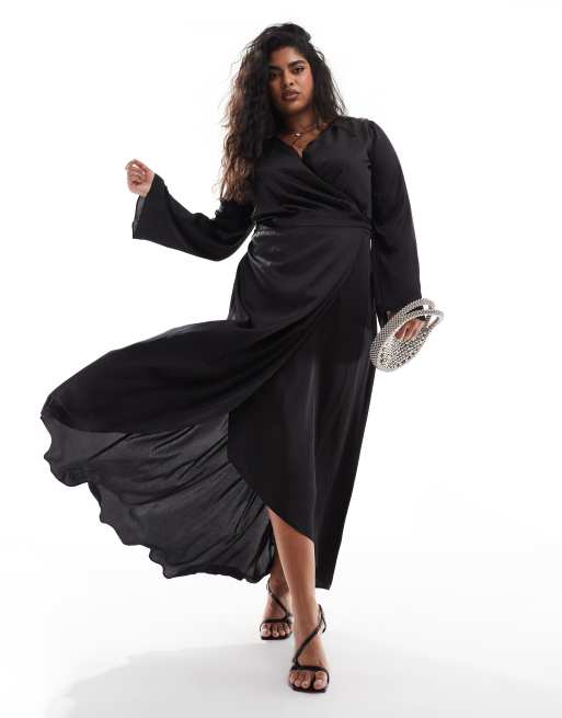 TFNC Plus satin long sleeve wrap maxi dress in black ASOS