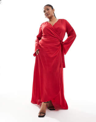 satin long sleeve wrap maxi dress in bright red