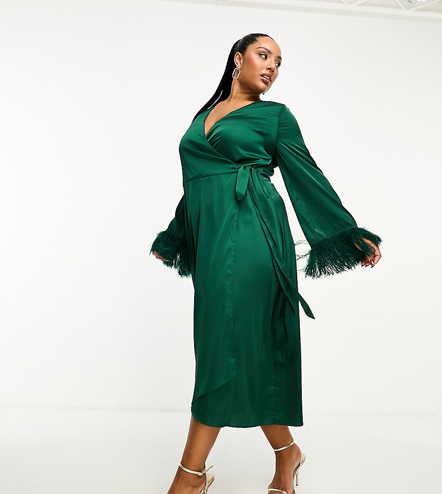 TFNC Plus satin midi wrap dress with faux feather cuffs in emerald green-Blue