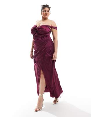 satin off shoulder maxi dress in berry-Purple