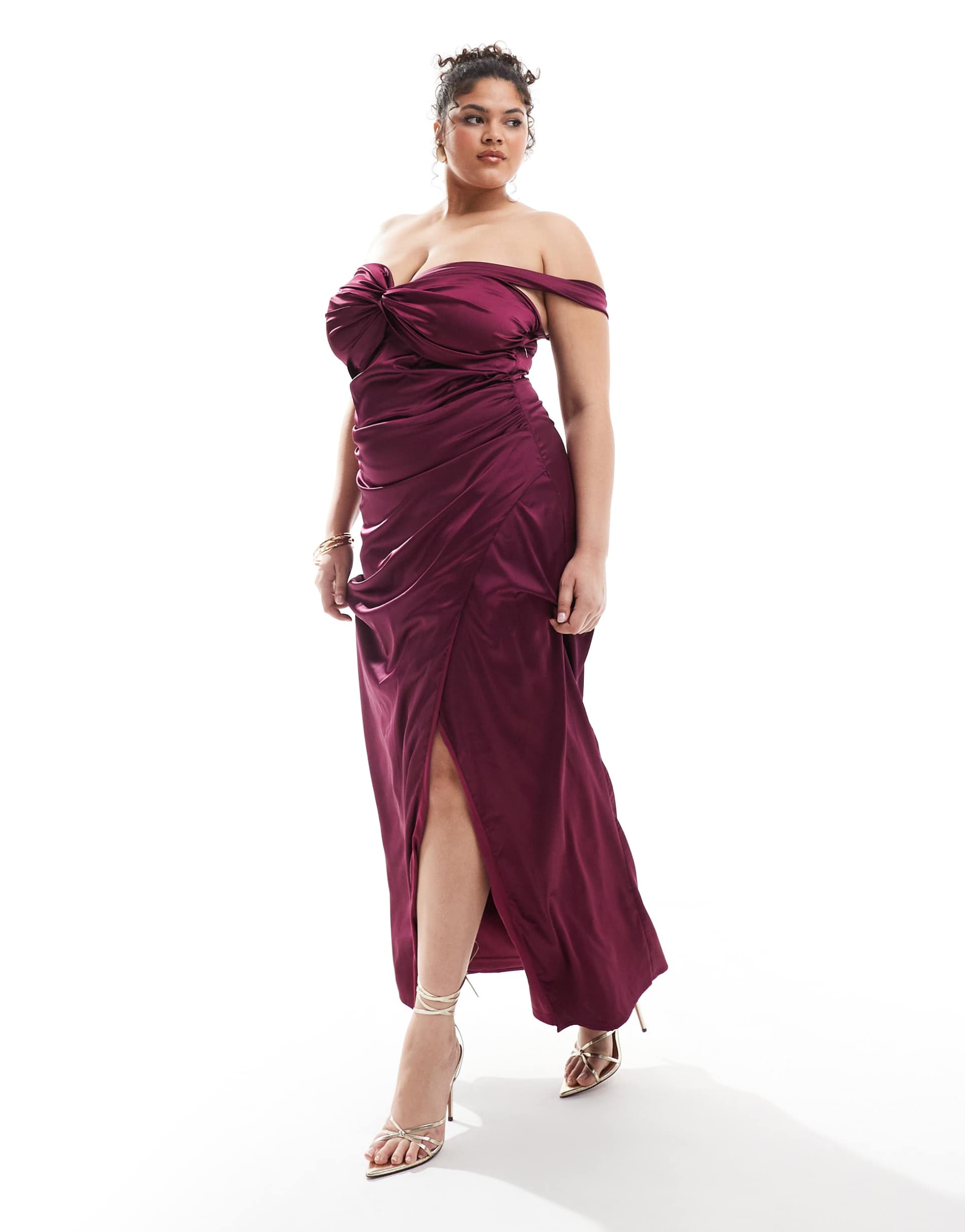 tfnc plus satin off shoulder maxi dress in berry