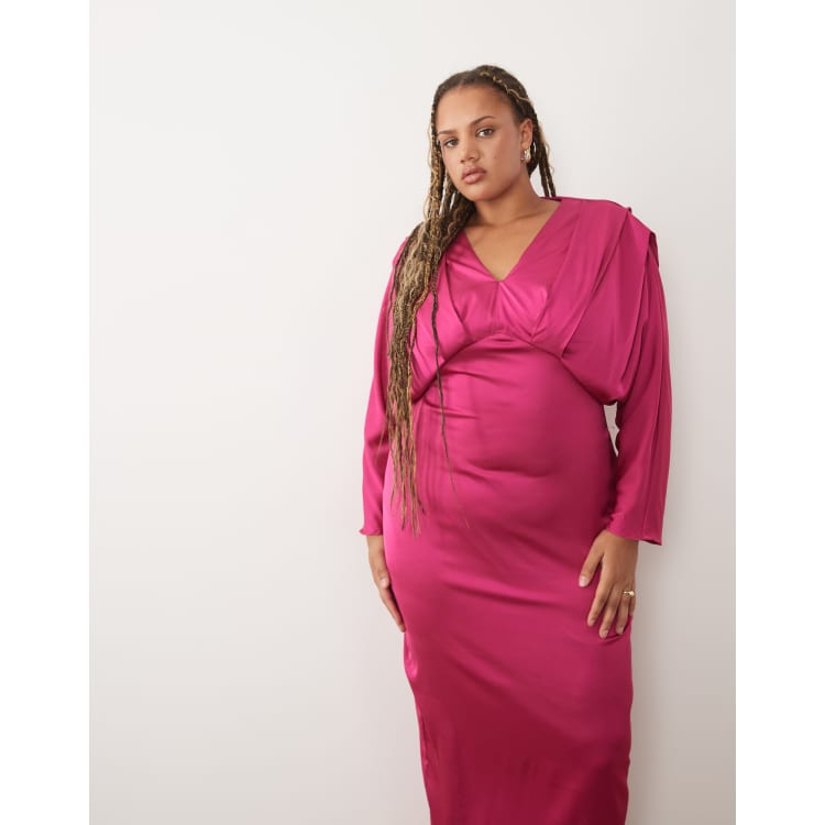 hot pink satin dress plus size TFNC plunge neck kimono sleeve maxi in dark VM: Bridesmaid Navy