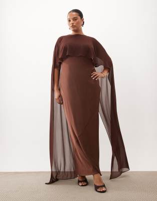 Tfnc Plus Satin Slash Neck Cape Detail Maxi Dress In Brown