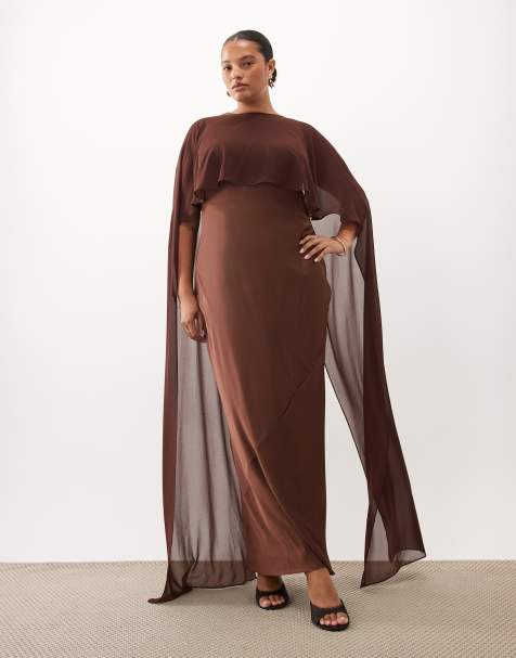 TFNC Plus satin slash neck cape detail maxi dress in chocolate - view 1