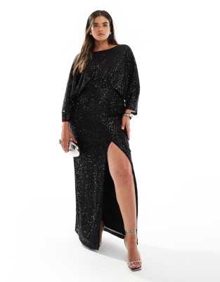 sequin kimono top maxi dress in black