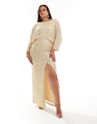 sequin kimono top maxi dress in gold