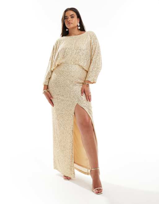 TFNC Plus sequin kimono top maxi dress in gold ASOS