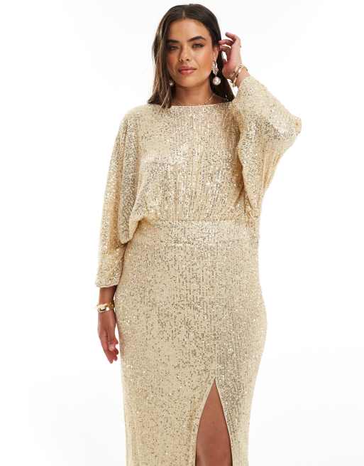 TFNC Plus sequin kimono top maxi dress in gold ASOS