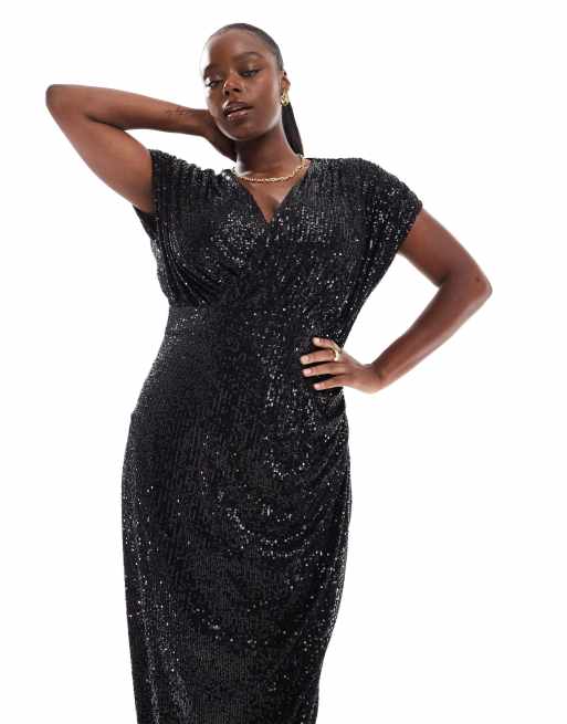 TFNC Plus sequin wrap maxi dress in black ASOS