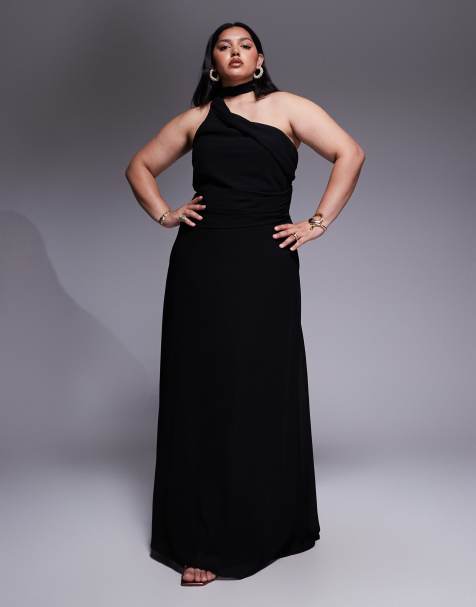 TFNC Plus shoulder scarf neck maxi dress in black - view 1