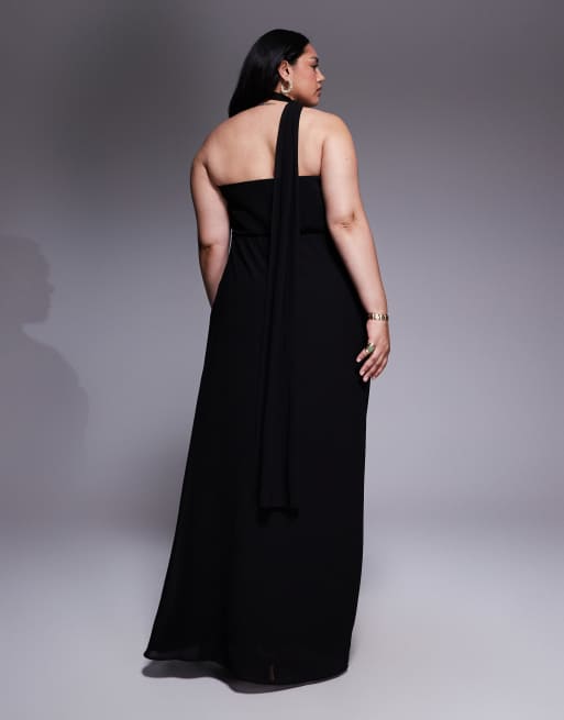 TFNC Plus shoulder scarf neck maxi dress in black, 3 of 4