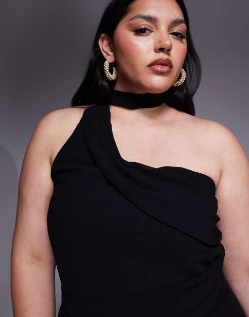 TFNC Plus shoulder scarf neck maxi dress in black, 4 of 4