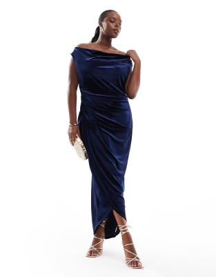 slash neck velvet maxi dress in dark navy