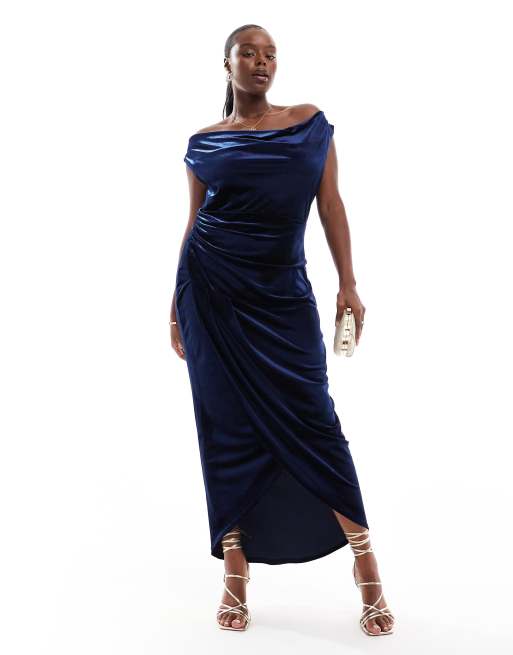 TFNC Plus slash neck velvet maxi dress in dark navy ASOS