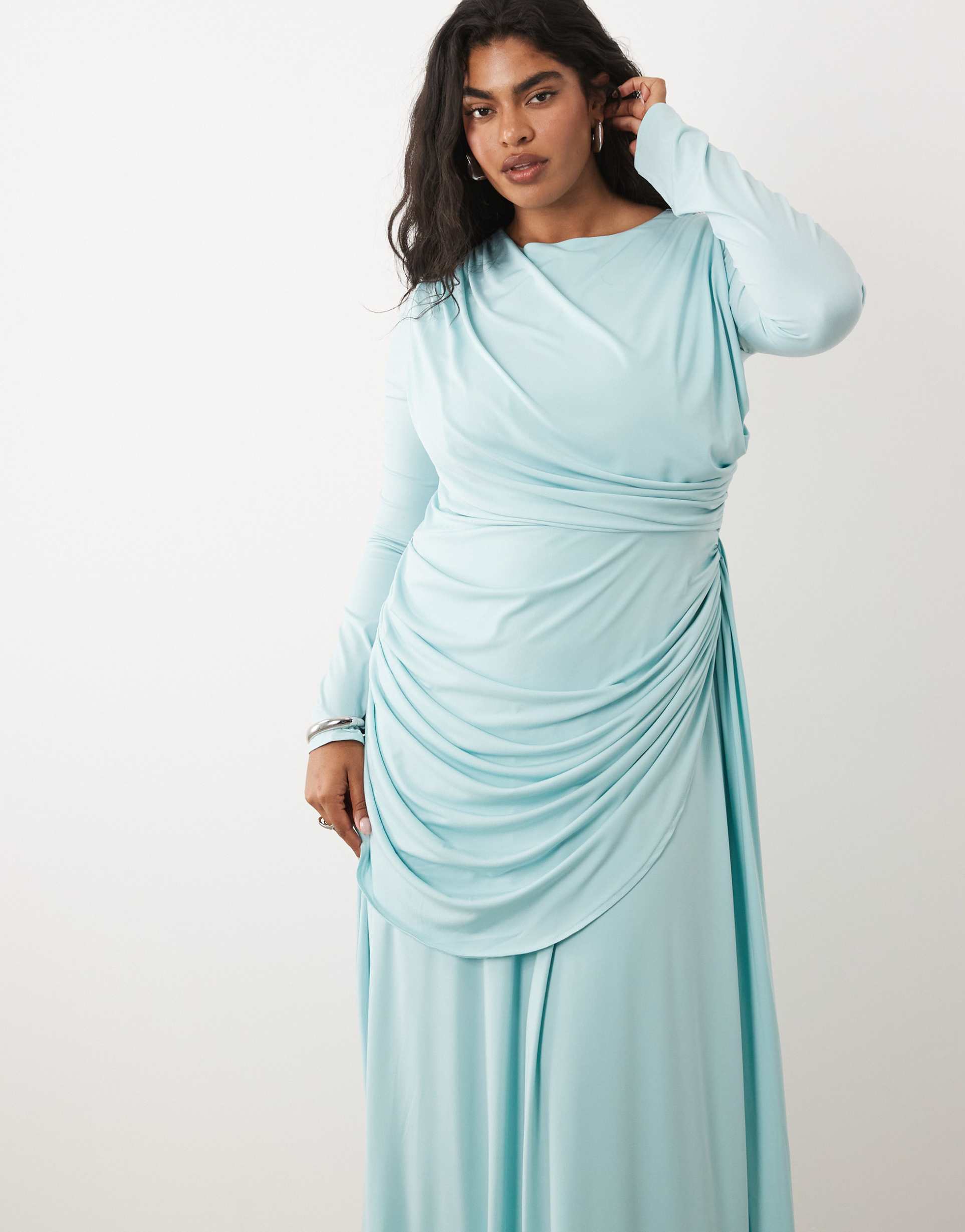 tfnc plus slinky draped ruched full skirt maxi dress in baby blue