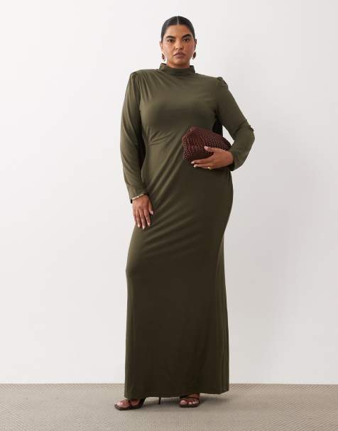 TFNC Plus slinky high neck drape back maxi dress in deep olive - view 1