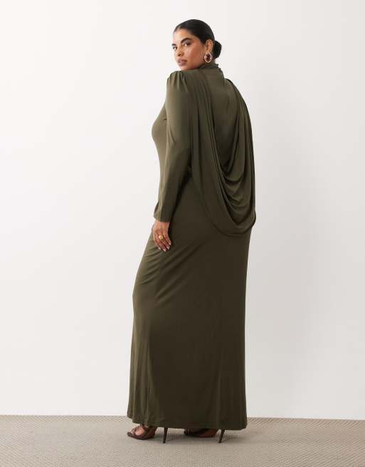 TFNC Plus slinky high neck drape back maxi dress in deep olive, 2 of 4