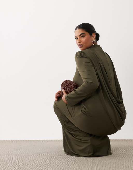 TFNC Plus slinky high neck drape back maxi dress in deep olive, 3 of 4
