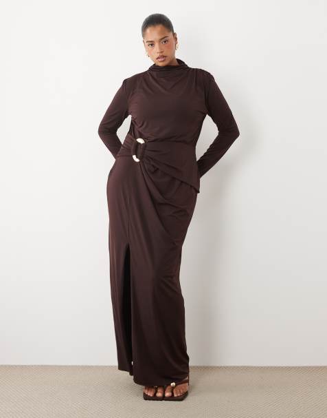 TFNC Plus slinky high neck long sleeve high split trim detail maxi dress in chocolate - view 1
