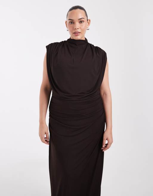 TFNC Plus slinky high neck shoulder pad draped detail maxi dress in chocolate, 2 of 4