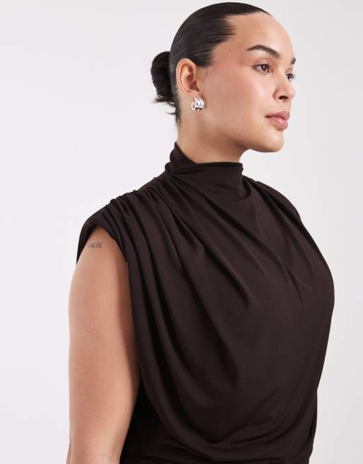 TFNC Plus slinky high neck shoulder pad draped detail maxi dress in chocolate, 3 of 4