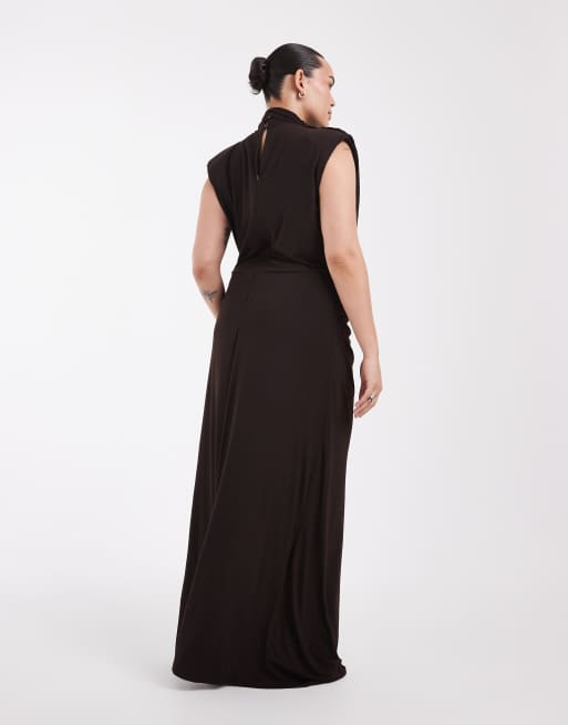 TFNC Plus slinky high neck shoulder pad draped detail maxi dress in chocolate, 4 of 4