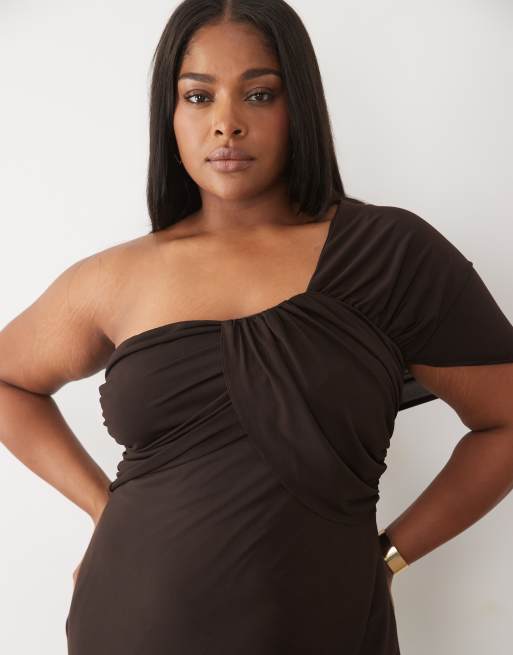 TFNC Plus slinky one shoulder drape detail maxi dress in chocolate, 2 of 4
