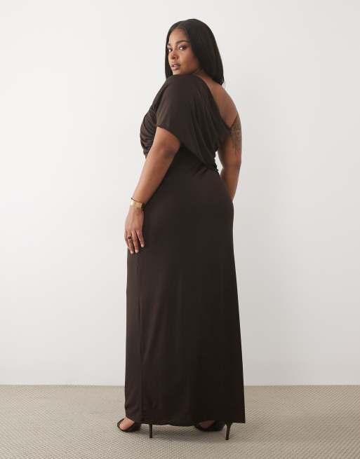 TFNC Plus slinky one shoulder drape detail maxi dress in chocolate, 3 of 4