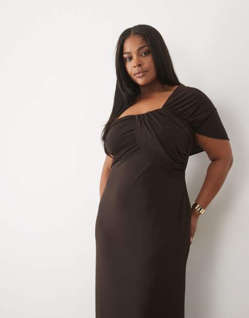 TFNC Plus slinky one shoulder drape detail maxi dress in chocolate, 4 of 4