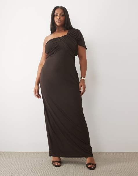 TFNC Plus slinky one shoulder drape detail maxi jurk in donkerbruin - view 1