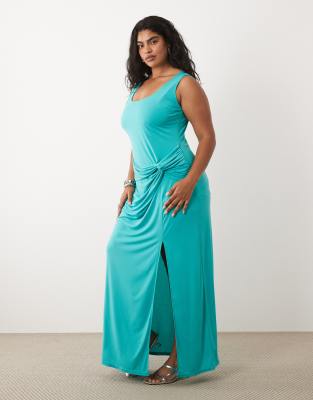 Tfnc Plus Slinky Scoop Neck Knot Detail Split Maxi Dress In Blue