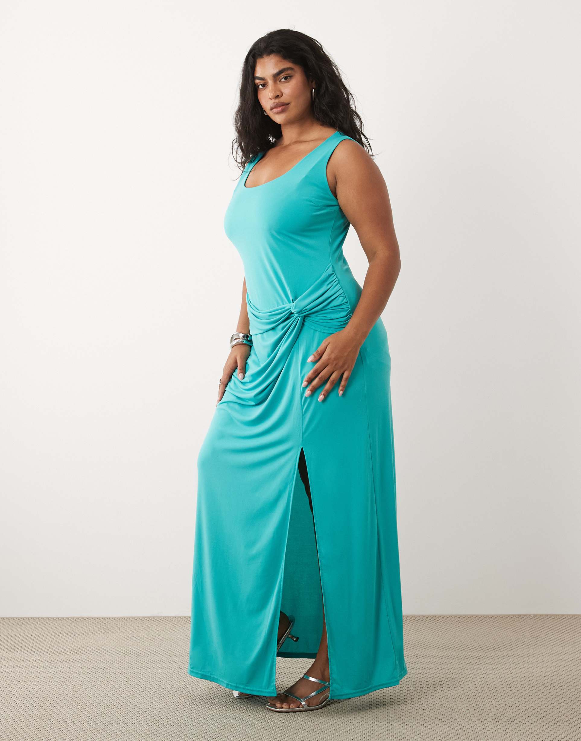 tfnc plus slinky scoop neck knot detail split maxi dress in aqua blue