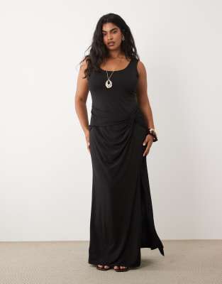 Tfnc Plus Slinky Scoop Neck Knot Detail Split Maxi Dress In Black