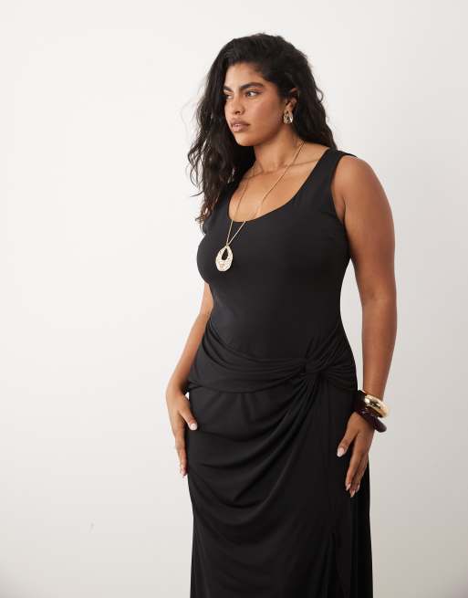 TFNC Plus slinky scoop neck knot detail split maxi dress in black, 2 of 4